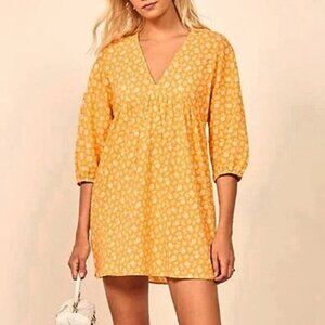New Reformation Baja 100% Cotton Floral Mini Dress in Aurevoir Yellow XS